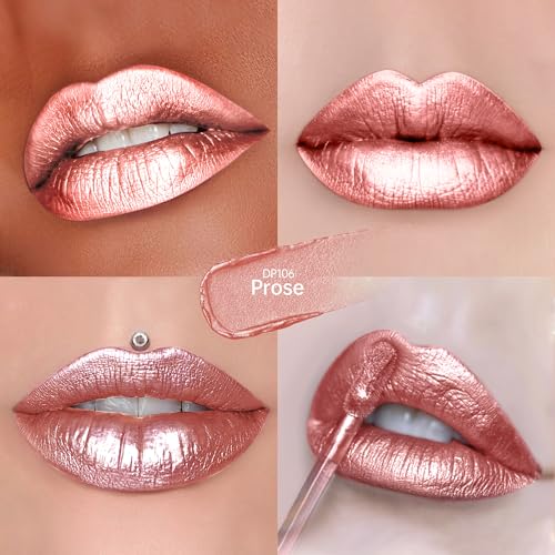 Nude Pink Lipsticks for Women Metallic Lipstick Long Lasting Non Stick Cup Lip Gloss, Shimmer Lightweight Hydrating Full Coverage Lip Color, DP106 Prose - Image 4