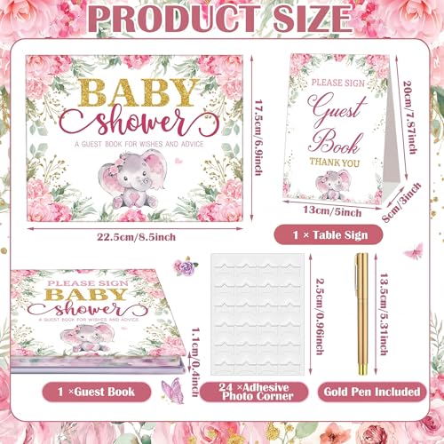 Image of Fuyoooo 27 Pcs Pink Elephant Baby Shower Guest Book Set Baby Shower Sign in Guest Elephant Book Place Table Cards with Gold Pen Adhesive Photo Corner for Birthday Party