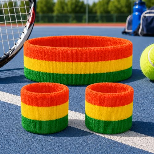 Image of Toyshine Cotton 3 Pieces Sweatbands Set, Includes Sports Headband And Wrist Sweatbands Striped Sweat Band For Athletic Men And Women - Orange Yellow Green