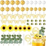 Sintuff 51 Pcs Sunflower Cake Topper Butterfly Bee Cake Decoration with Gold Happy Birthday Cake Topper Foam Mini Ball for Cupcake Birthday Summer Baby Shower Boho Wedding Party Decor