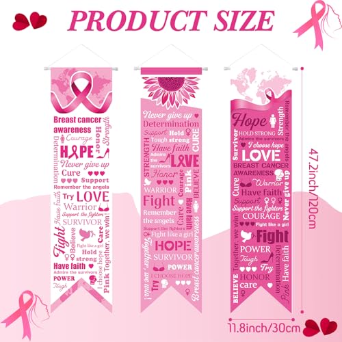 Image of Chiisong 3 Pieces Breast Cancer Awareness Decorations Pink Ribbon Banners Porch Signs Awareness Ribbon Hanging Backdrops for Indoor Outdoor Breast Cancer Party Decor Supplies