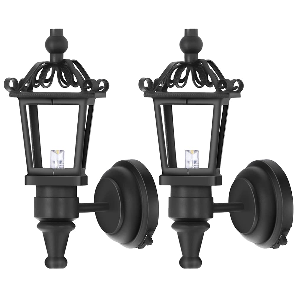 NUOBESTY 2pcs Miniature Wall-Mounted Lamps Mini Black Metal Wall Sconces for Dollhouse Lighting Accessory Battery Operated