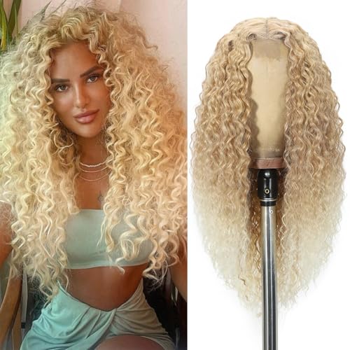 Siddiuop Curly Wig for Women 26 inch Long Ombre Blonde Curly Wigs Synthetic Middle Part Wig Upgraded Protein Fiber Hair Replacement Wig Cosplay Costume Halloween Wigs