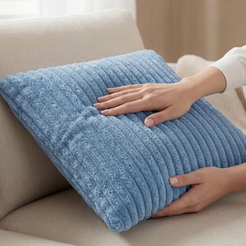 Image of Yellow Weaves Pencil-Stripe Fur Cushion Covers | Soft Polyester | Decorative Sofa & Throw Pillow Covers | 16x16 Inches, Pack of 3 (Sky Blue)
