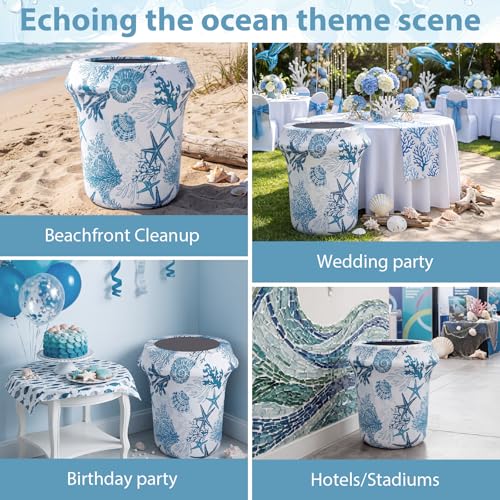 Image of 2 Pack 32 Gallon Stretch Spandex Trash Can Cover Fitted Washable Waste Garbage Container Covers Coral Starfish Outdoor Indoor Patio Backyard Decor for Wedding Party Commercial Fundraiser