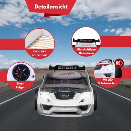Coemo Autobett Vento Kinderbett Weiß 90x200 cm im Rennwagen-Design mit Lattenrost und LED Scheinwerfern - Perfekt für kleine Rennfahrer- LxBxH 260x109x60