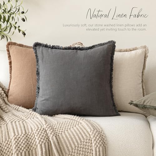Image of Foindtower Set of 2 Decorative Linen Fringe Throw Pillow Covers Cozy Boho Farmhouse Cushion Cover with Tassels Soft Accent Pillowcase for Couch Sofa Bed Living Room Home Decor, 22x22 Inch, Gray