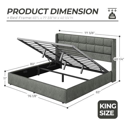 Image of HISOFT King Size Lift Up Storage Bed Frame, Linen Upholstered Platform Bed with Wingback Headboard, Heavy Duty Hydraulic Gas Lift Underbed Space, Reinforced Full Metal Slats, Noise Free, Grey