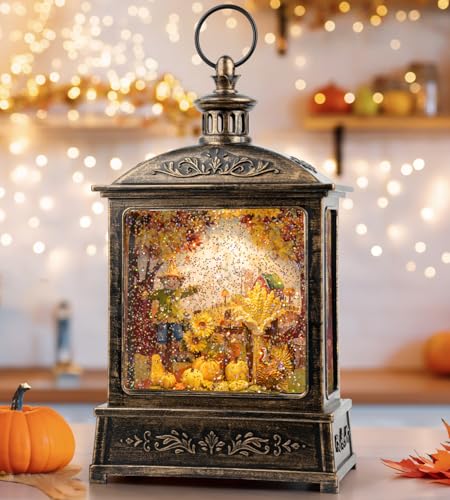 Fall Snow Globe Lantern - Scarecrow and Turkey Lighted Water Lantern with Swirling Glitter Fall Decorations for Home Thanksgiving Autumn Harvest Fall Decor