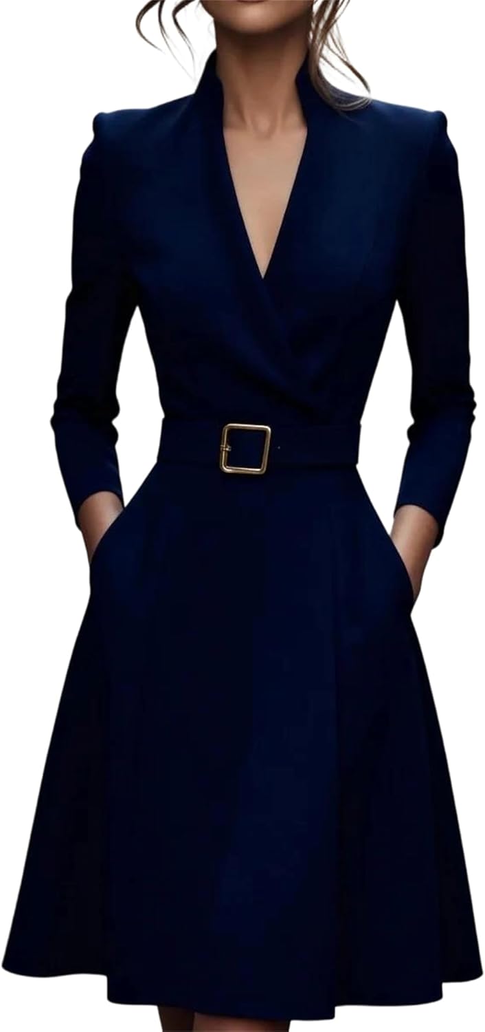 Womens V Neck A Line Dress Long Sleeve Belted High Waist Flowy Elegant Business Work Knee Length Dress