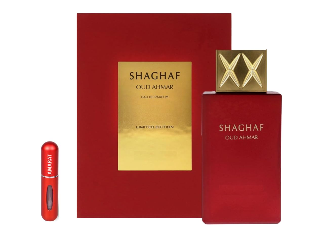 Shaghaf Oud Tonka Eau de Parfum 75 ml, lang anhaltender arabischer Duft, Unisex, mit Zerstäuber, nachfüllbar, 5 ml, orientalischer Duft mit Mandel-, Türkischen Rosen- und Tonkabohne, Shaghaf Oud Ahmar