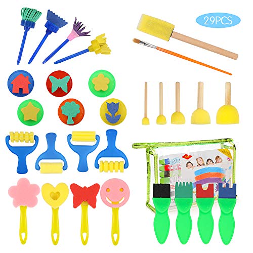 PHOGARY 29pcs Schwamm Pinsel Set Kinder,Kinder Malwerkzeuge Set für Früherziehung DIY-Lernen, einschließlich Schaum Pinsel, DIY Muster Pinsel Set