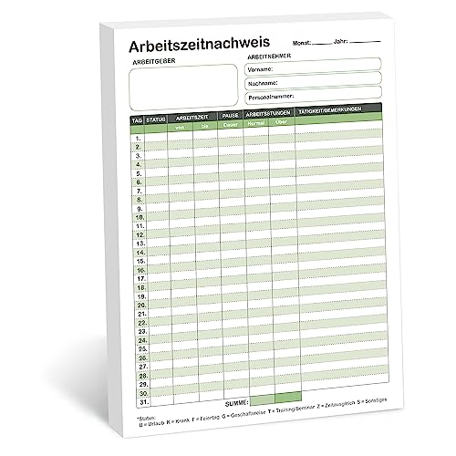 BIROYAL Stundenbuch für Arbeit, Arbeitszeitnachweis Block A4, Monatliche Stundenzettel Block für 31 Tage pro Blatt, Vorgedruckte Arbeitszeiterfassung für Kleinbetriebe, Stundennachweis