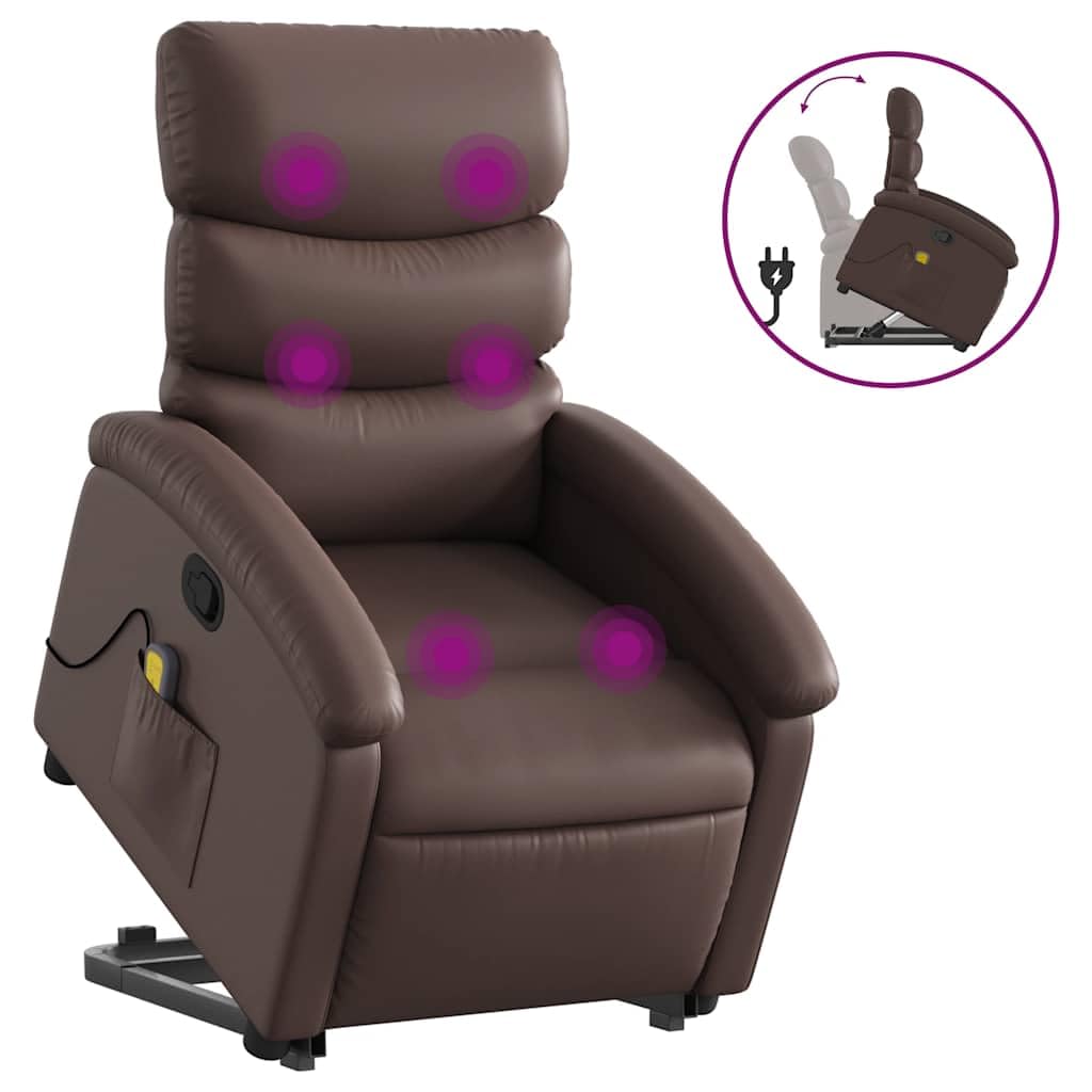 Sillón elevador reclinable con masaje de 6 puntos, función elevación eléctrica e inclinación manual hasta 135°, estructura estable de madera y metal, piel sintética