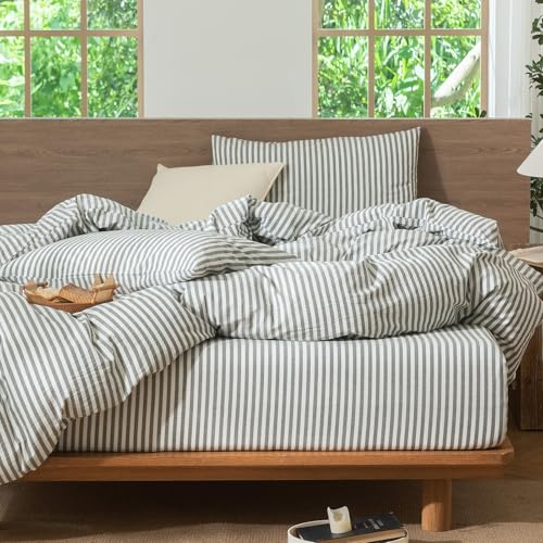 Image of MooMee Striped Duvet Cover Set 100% Washed Cotton Linen Like Cal King | Relaxed Linen-like Texture. Soft, Breathable & Long-lasting Comfort. Lightweight. Hidden Zipper with 8 Interior Corner Ties