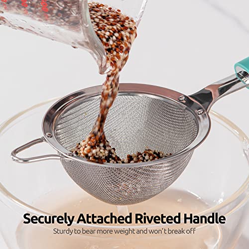 Image of 18 /8 Stainless Steel Mesh Strainer: U-Taste 3.9 Inch Kitchen Fine Mesh Sieve Food Colander with Riveted Sturdy Silicone Handle and 30 Mesh Hole for Straining Flour, Quinoa, Tea, Juice (Aqua Sky)