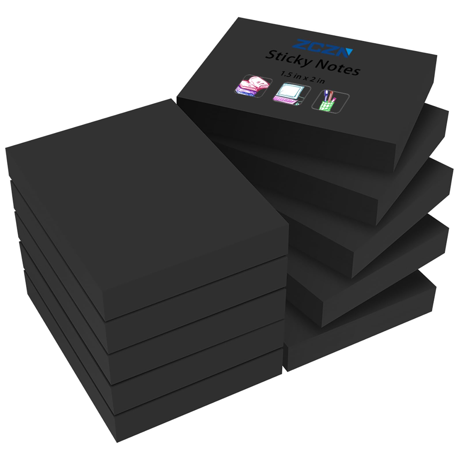 ZCZN Small Sticky Notes, 1.5in x 2in, 100 Sheets/Pad, 10 Pads/Pack, Black