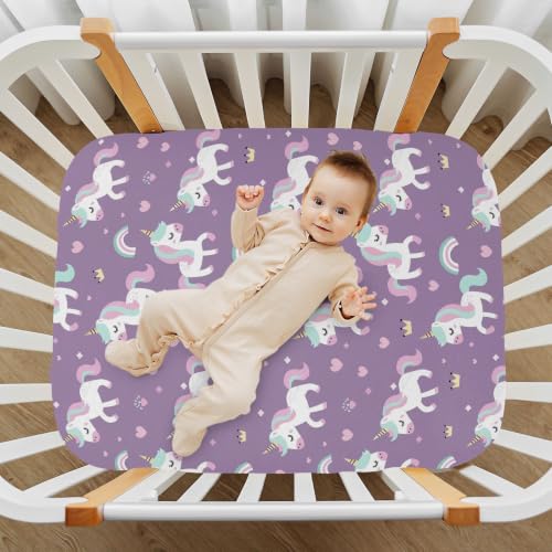 Image of Crib Sheet Breathable Soft Crib Mattress Sheet for Baby Toddler Boys Girls Fitted Crib Sheet Fit Standard Crib Mattress 52 x 28 Inch Purple Unicorns Rainbows