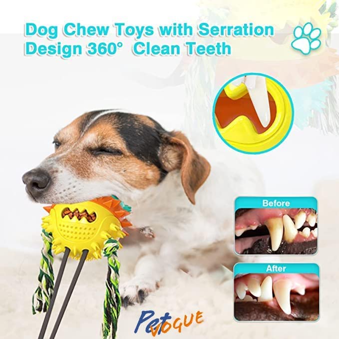 Image of PetVogue Interactive Dog Toy Include a tug-of-war Rope with a Teeth-Cleaning Ball a Suction Cup Dog chew Toy for Aggressive chewers a Treat-Dispensing Squeaky Dog Toy with Self-Playing (Blue, Yellow)