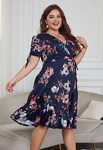 Image of Keluummi Plus Size Summer Wedding Guest Midi Dresses for Curvy Women, Floral V Neck Party Sundress