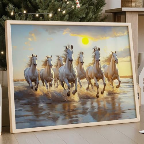 Image of HOTHOUSE 7 Horses Vastu Frame Wall Art Painting for Living Room Bedroom Office Home Decor | Seven Running Vastu Lucky Horse Rising Sun Painting Wall Decor Size (19X25 inch)