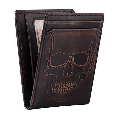 HOJ Co. SKULL Bifold Front Pocket Wallet | Bifold Wallet With Money Clip | Full Grain Leather With Hand Burnished Finish | Skull Wallet