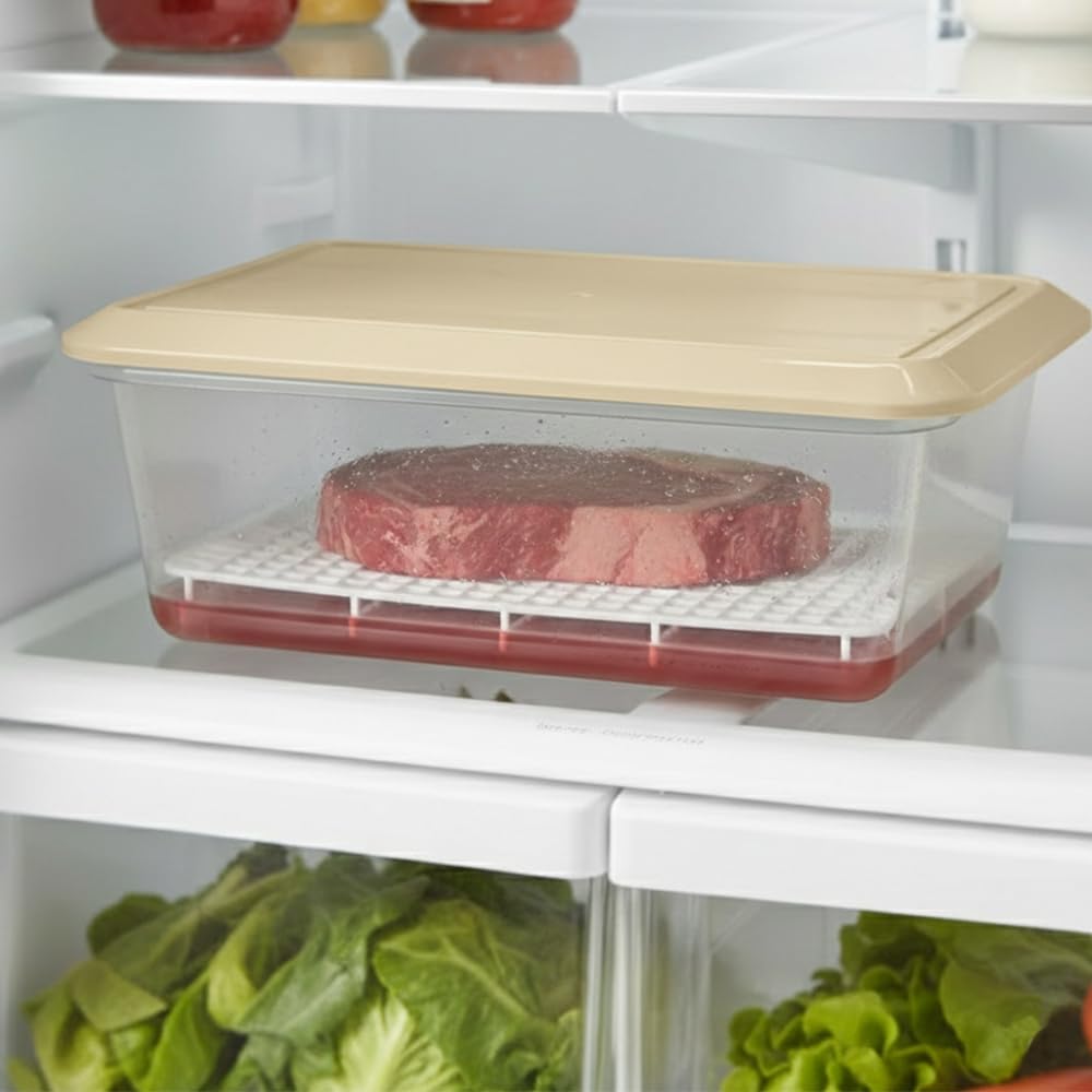 Pack 6 Bandejas Descongelar Alimentos 6,5L Tapa Beige y Rejilla Antigoteo | 36 x 24 x 12,5cm. Sin BPA. Recipiente para descongelación más higiénica. Ideal cocinas, restaurantes, hostelería y cátering