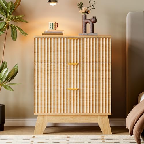 Image of BORNOON Fluted 3 Drawer Dresser, 30.3 inch Tall Compact Modern Boho Chest of Drawers, Wooden Storage Cabinet for Bedroom, Living Room, Entryway, Curved Profile Design