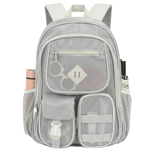 Grey Mesh Backpack for Girls Boys, Heavy Duty School Bookbag Womens Semi-Transparent Net Back Pack for Work Travel Beach