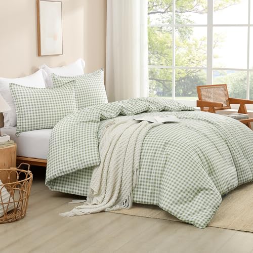 Image of Andency Sage Gingham Comforter Set Full(79x90Inch), Green Checkered Grid Plaid Buffalo Bed Set for Girls Boys Kids Teens, 3 Pieces Lightweight Polyester Geometric Preppy Bedding