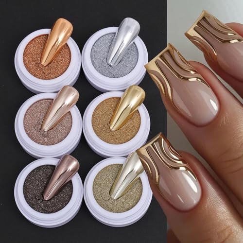 Metallic Chrome Nail Powder Set 6 Colors Magic Brown Copper Mirror Chrome Powder for Nails Holographic Glitter Gold Silver Champagne Rubbing Pigment Nail Art Designs Manicure Decoration Supplies