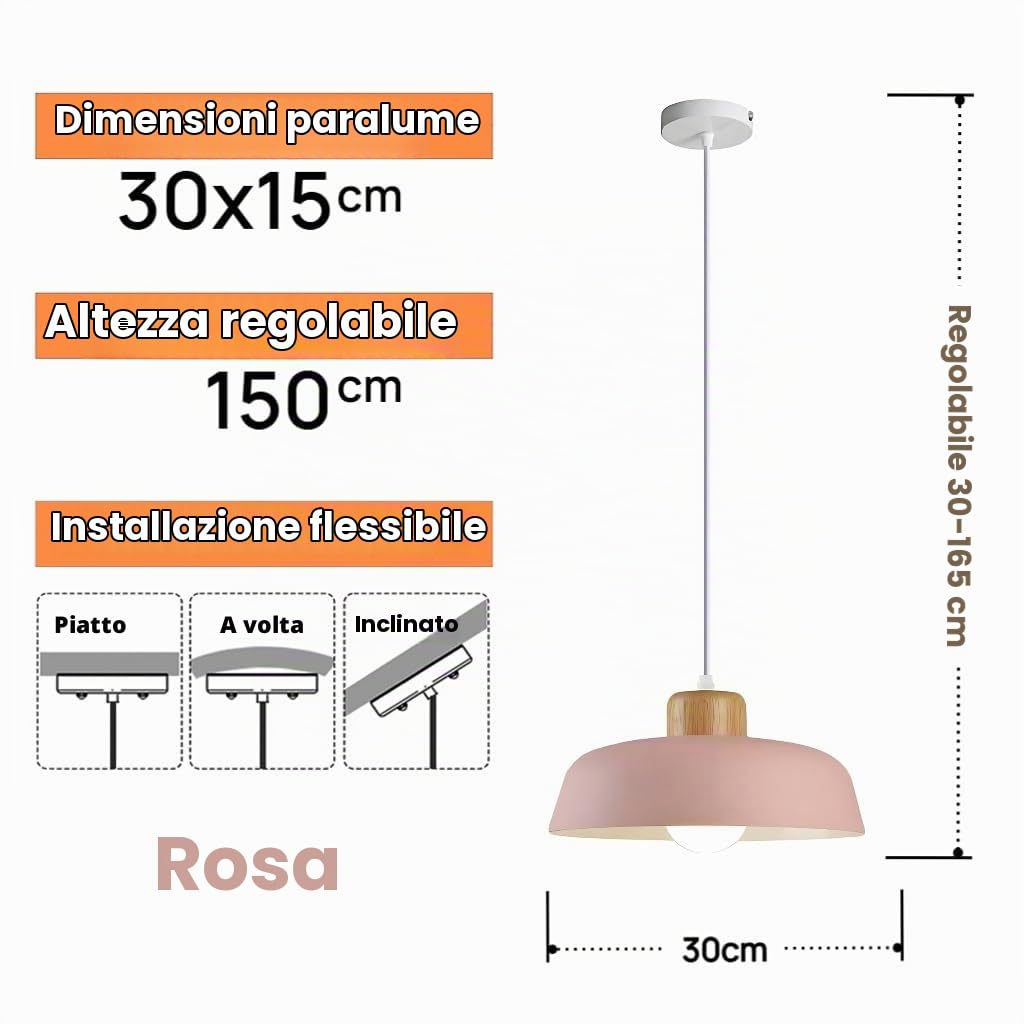 30cm Lampadario Rotondo Moderno in Metallo & Legno, Lampada a Sospensione Semplice E27 per Soggiorno Cucina Camera da Letto (Rosa)