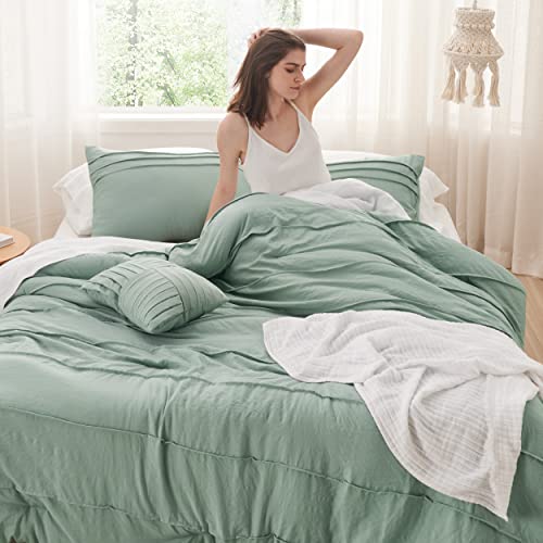 Image of Bedsure Queen Comforter Set - 4 Pieces Pinch Pleat Bed Set, Sage Green Boho Bedding for All Season, 1 Soft Comforter, 2 Pillowcases, 1 Decorative Pillow