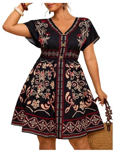 Image of Floerns Women's Plus Size Summer Vacation Wrap V Neck Short Sleeve Ruffle Hem A Line Hawaiian Short Dress
