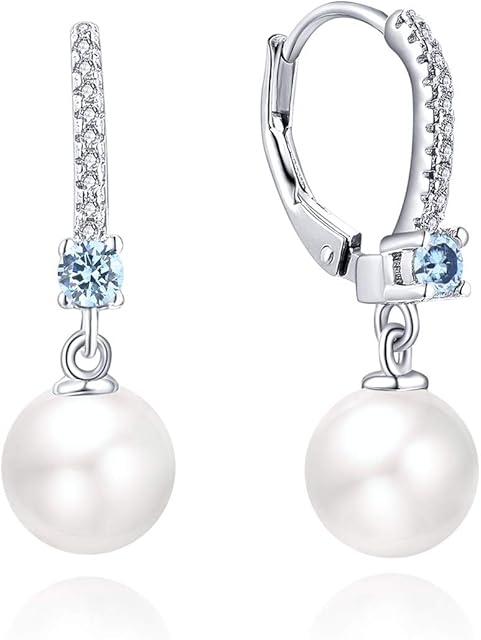 JO WISDOM Pearl Earrings,925 Sterling Silver AAA CZ Birthstone 8mm Black/White Pearl Leverback Drop Earrings,Jewellery for Women