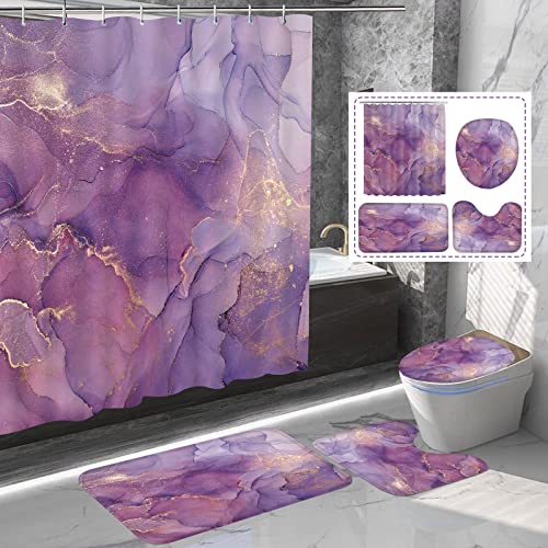 Guassi 4 Pcs Purple Marble Shower Curtain Set With Rug Bathroom Curtains Shower Set Toilet Mat Lid Rug Bathroom Sets Shower Curtain Sets With 12 Hooks, 72"X72" #TOP9
