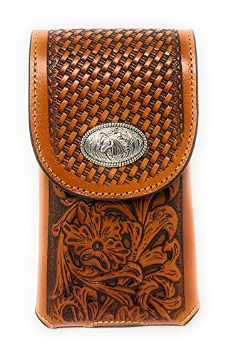 Texas West Western Cowboy Tooled Floral Leather Horse Concho Belt Loop Cell Phone Holster Case in 4 Colors (Brown)
