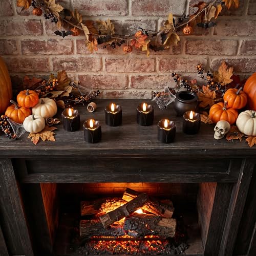 Image of Black Flameless Votive Candles Battery Operated with Remote Timer | 400 Hours Long Lasting Battery Included, LED Tealights Flickering Dripping Wax, Halloween Indoor Decor, 2 inchD x 2.5 inchH, 6 Pack
