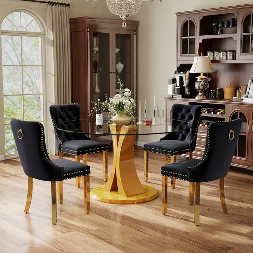 Image of 5-Piece Dining Table Set with 47In Tempered Glass Table and 4 Velvet Upholstered Chairs, Modern Scandinavian Furniture for Dining Room Kitchen(Black&Gold)
