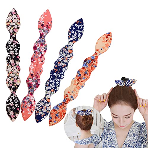 Hair Bun Maker, 4pcs Deft Bun Magic Rabbit Ear Sponge Foam Donut Carlin Twist Hair Ponyo Styling Curl Bun Maker Flexible Reusable Bun Crown Twister - Floral