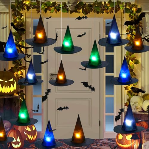 CCINEE 12pcs Light Up Halloween Hanging Witch Hat, Black Floating