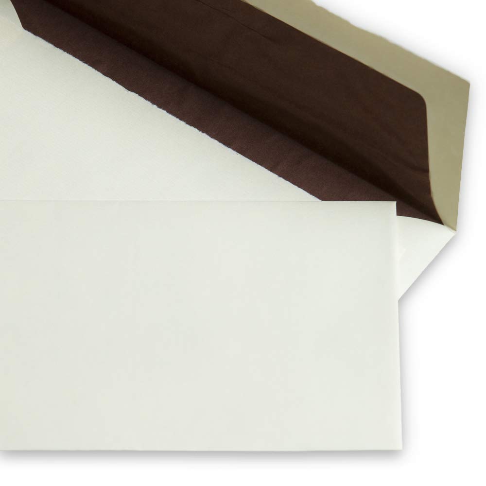 100 Stück Echt Bütten Briefumschläge, mit natürlichem Büttenrand, elfenbein, wildgerippt, DIN lang (110 x 220 mm), 115 g/qm, nassklebend, gerade Klappe, ohne Fenster, Innenfutter braun