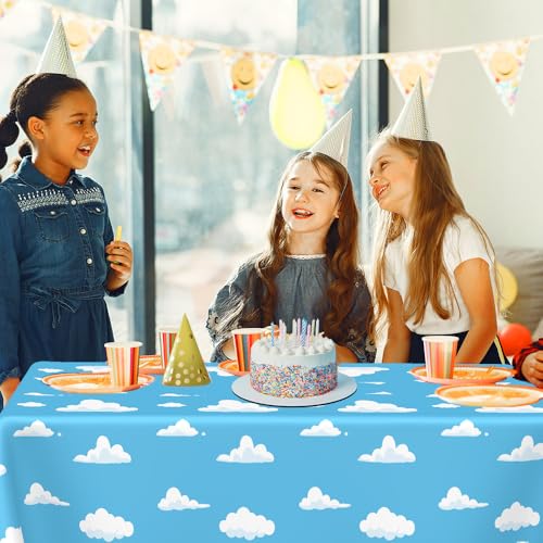 Image of 2 PCS Blue Sky and White Clouds Tablecloth Birthday Party Supplies 54 x108 Inch Cartoon Story Table Cloth Plastic Sky Clouds Backdrop Tablecover Cartoon Table Banner for Baby Shower Boy Girl Birthday