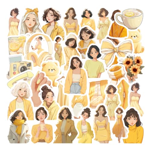 Image of Yellow Aesthetic Kawaii Girl Vinyl Stickers Pack of 34 | Waterproof Butter Yellow & Pastel Cute Fashion Decals for Laptop, Water Bottle, Journal, Scrapbook, Phone Case | Self-Adhesive Sticker Pack