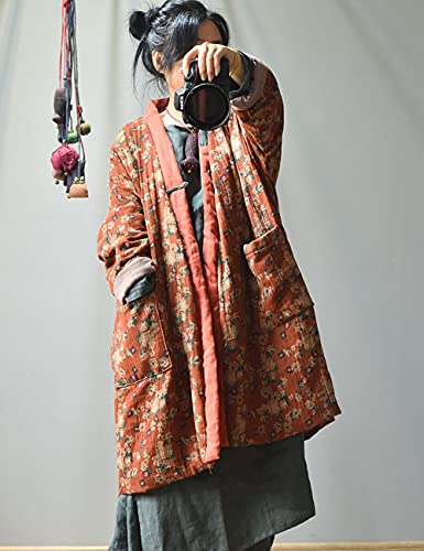 NFYM Women Vintage Print Floral Parkas Cotton Linen Hippie Coats Button V-Neck Warm Quilted Long Jackets3