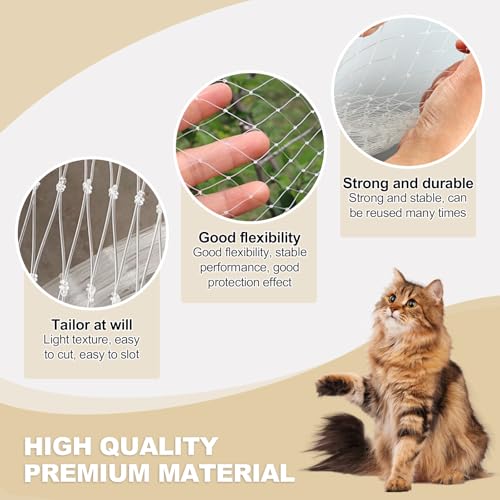 heqxwl Nylon Katzenschutznetz Katzennetz für Balkon Ohne Bohren Transparent Können Zuschneidbar und Bissfest Balkonnetze für Katzen zur Absicherung von Terrasse, Fenster und Türen (3x3 m)