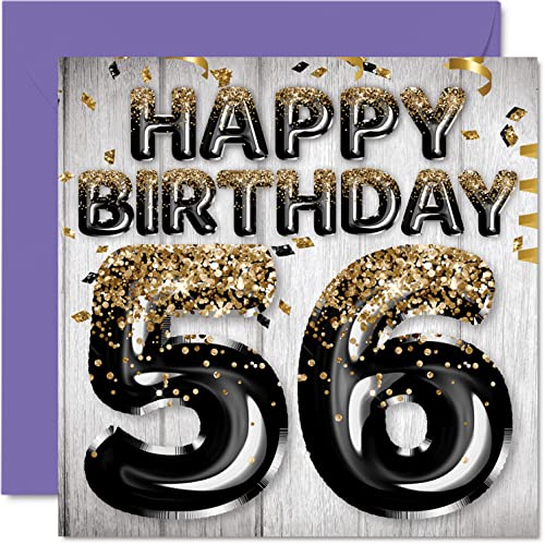 Amazon | 56歳の誕生日カード 男性用 - ブラック&ゴールドのグリッター