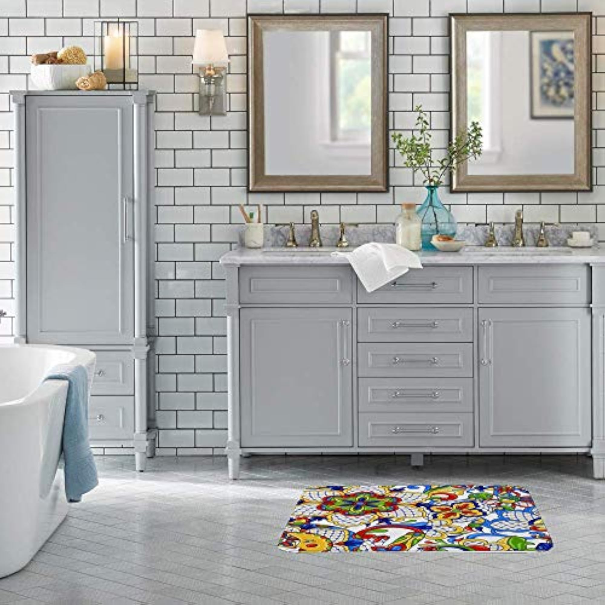 Mexican Pattern Talavera Ornamental Bath Mat, Non-Slip