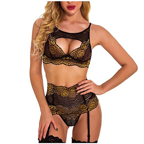 Lingerie dentelle jaune XXL : ensemble soutien-gorge, slip et jarretière
