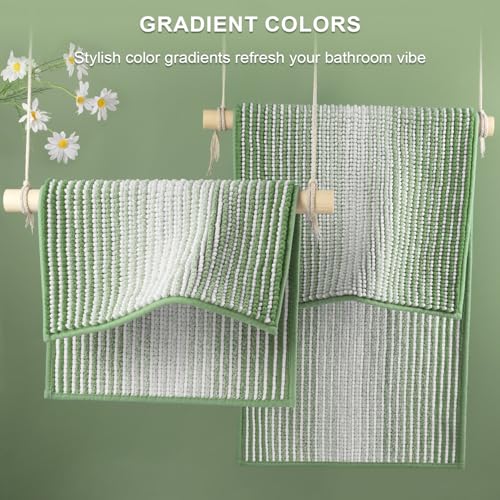 Bathroom Rugs and Mats Sets, 2 Piece Thick Absorbent Chenille Bath Mat Rug Set Non Slip, Soft Shaggy Bath Room Floor Mats for Bathroom, Machine Washable (Light Green, 24" x 70" Plus 20" x 32")